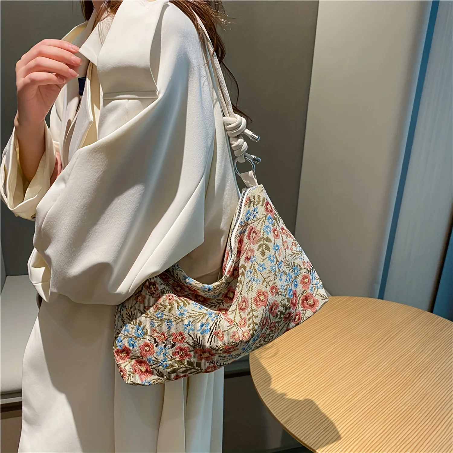 1PC Vintage Print Underarm Bag Large Capacity Fashion Women's Simple Multi-functional Canvas Shoulder Bag Casual Baguette Bag 6