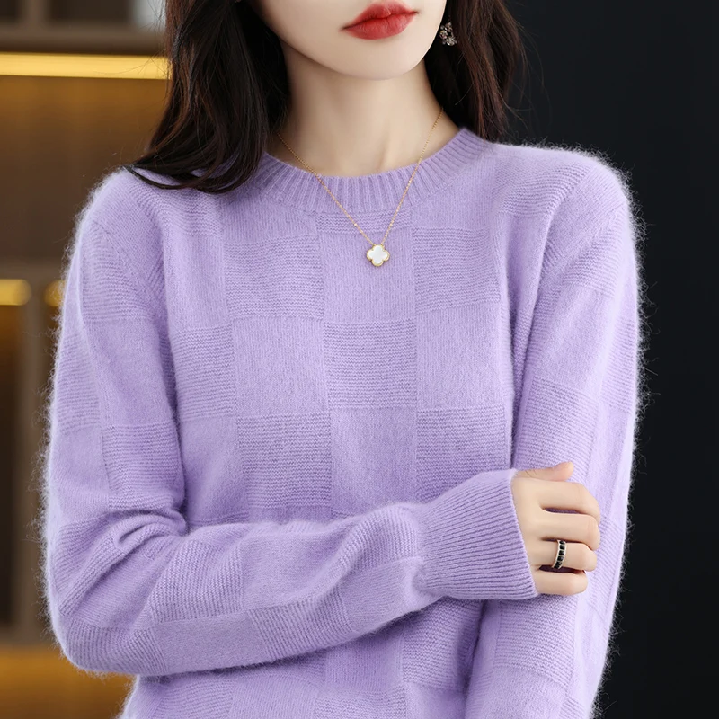 Autumn and Winter New O-Neck Women's Sweater 100% Pure Mink Cashmere Knitted Pullover Solid Color Slim Fit Fashion Top 6
