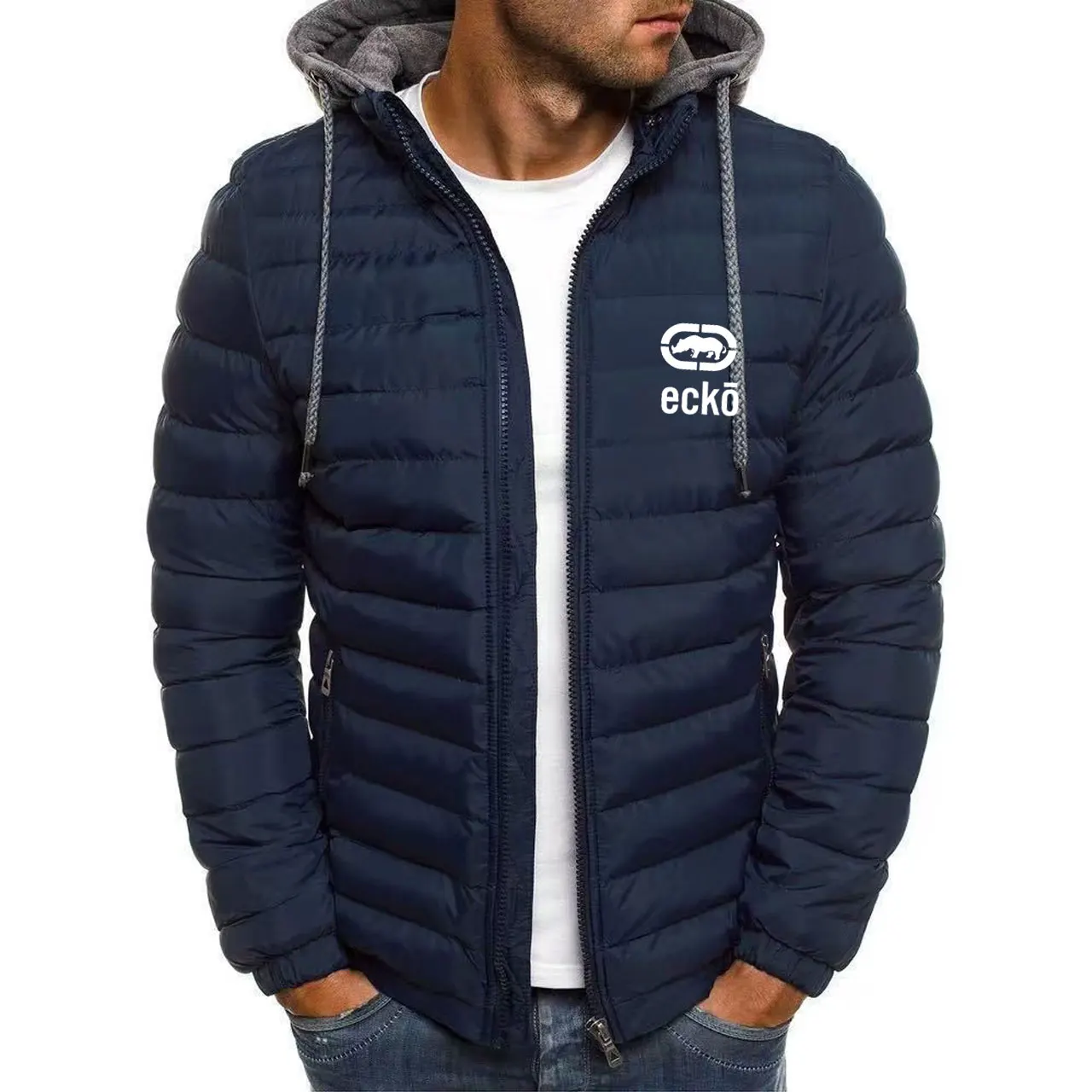 Men's winter cotton jacket with Ecko Ultra rhinoceros print logo High neck design, zipper closure, Kuaixi street style, casual a