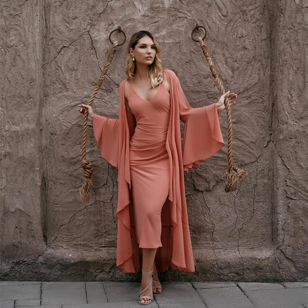 

Vintage Long Chiffon V-Neck Evening Dresses Sheath Tea Length Zipper Robe De Mariée Party Gown For Women