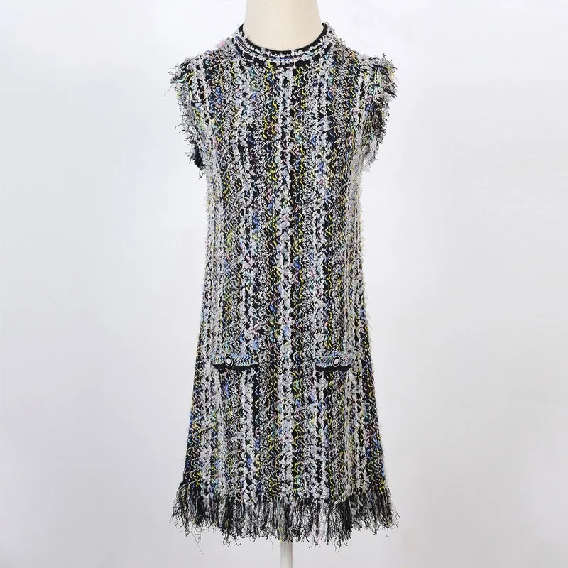 

Vintage Colorful Tassel Dresses for Women 2022 Summer Elegant O-neck Sleeveless A-line Mini Knitted Dress Vestidos De Mujer