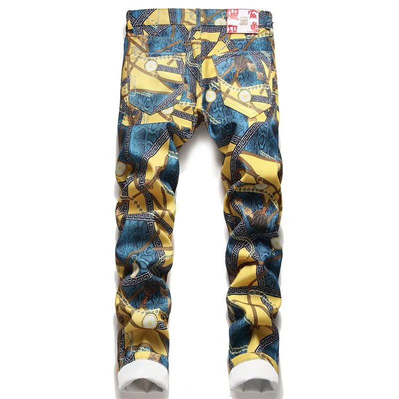 Full body printed pants men's fashion high-end men's slim fit stretch feet personality trendy handsome party casual jeans