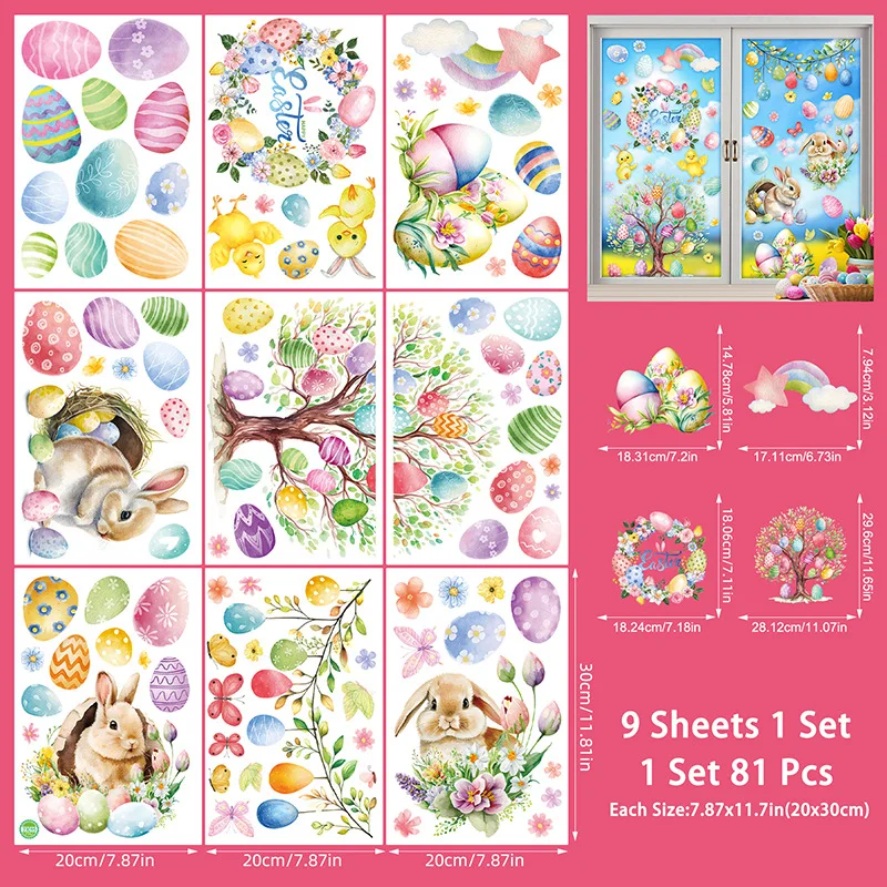 Easter Window Stickers Easter Wall Sticker Kids Room Wall Decals Cute Rabbit Eggs Carrot Decorations for Spring Party Stickers