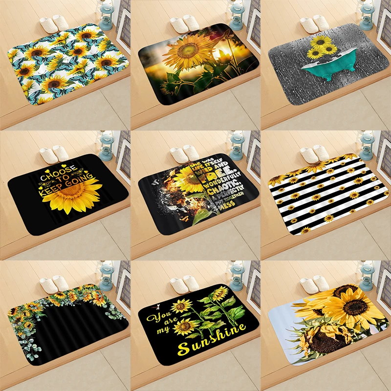 Sunflower Pattern Kitchen Bath Entrance Door Mat Simple Shop Home Decor Doormat Bedroom Anti-Slip Coral Velvet Soft Carpet Rug
