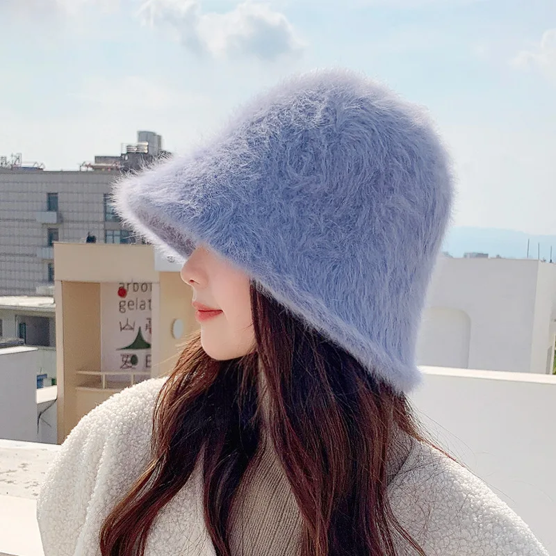 

Autumn and Winter New Women's Japanese Warm Rabbit Hair Bucket Hat Outdoor Travel Fashion Solid Color Round Top Pot Hat