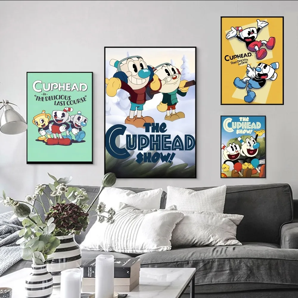 Anime Cartoon C-Cupheads Poster Autoadesivo Art Poster Retro Kraft Paper Sticker Diy Room Bar Cafe Vintage Pittura Decorativa