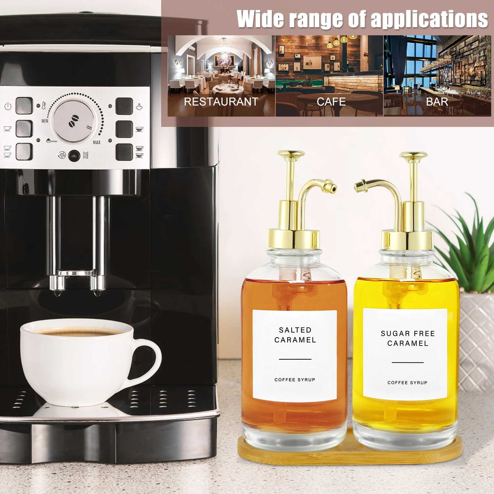 HMJIA Koffie Siroop Dispenser voor Koffiebar 16 oz 500 ml Glazen Siroop Flessen met 16 Waterdichte Etiketten Siroop Pomp voor Restaurant, Bar of Ijssalon (500, Rond, 4, Zilver
