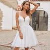 Real Wedding Dress A Line Spaghetti Straps V Neck Applique Glitter Tulle Short Bridal Gown Backless  Dresses for Bride 5