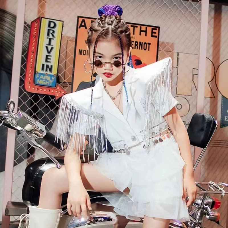 

Детская праздничная одежда для девочек, костюм для подиума, шоу, сцены, летающие плечи, бахрома, одежда для джазовых танцев, наряд Kpop