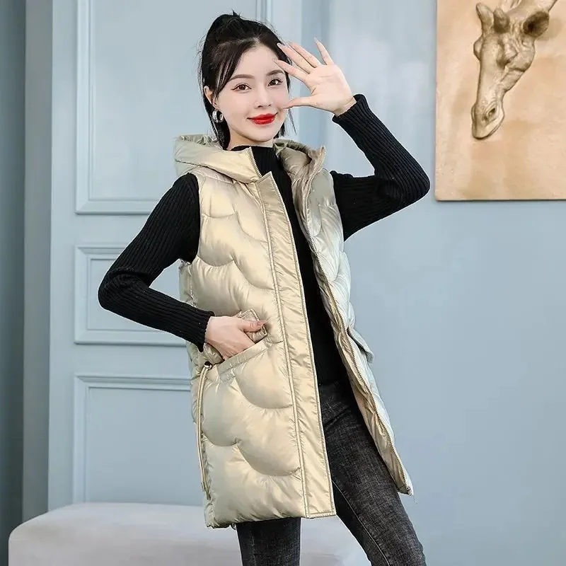 

Vest Sleeveless Fashion Shiny Wash Free New Korean Hooded Mid length Autumn/Winter Tank Top Coat Women's