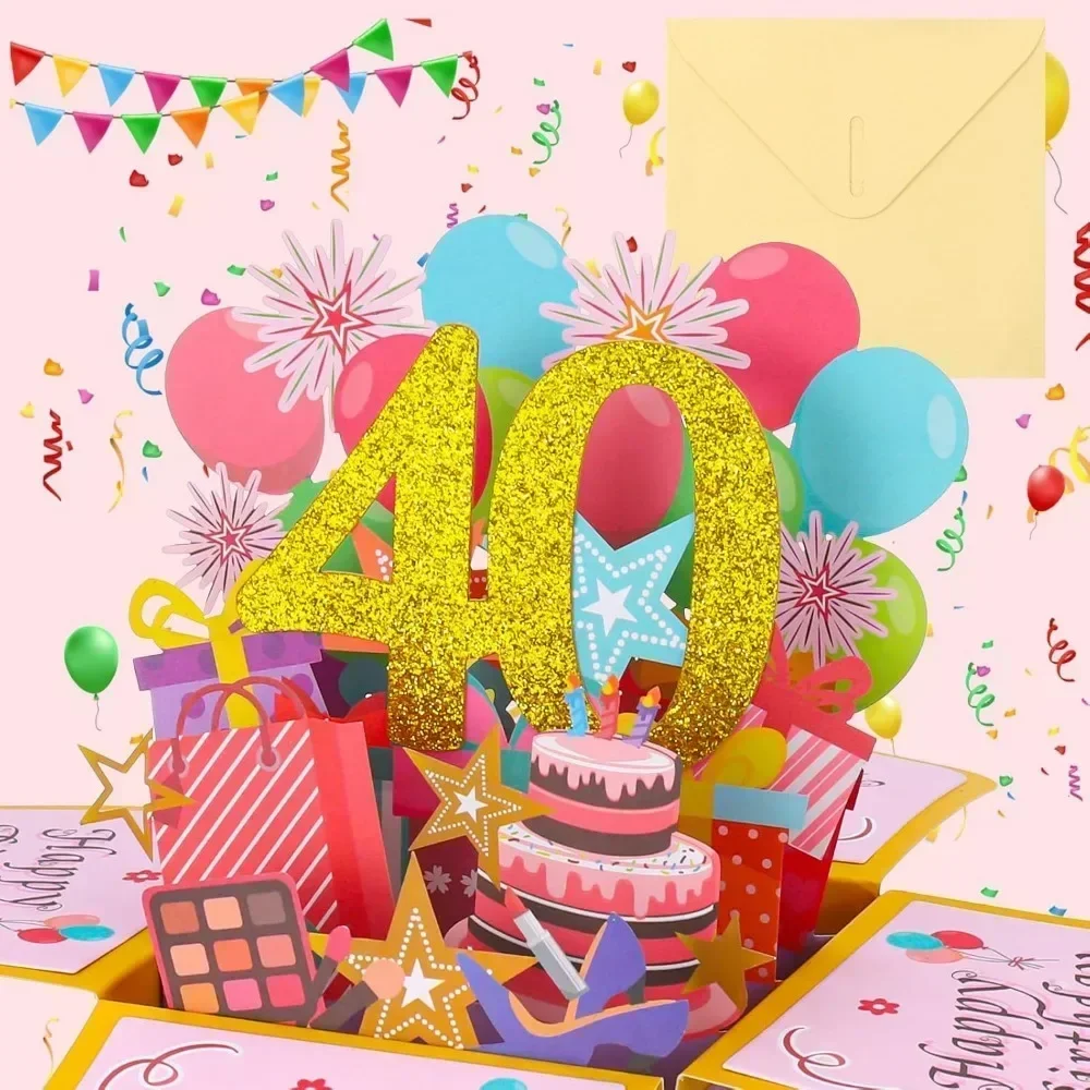 Greeting Cards 18/30/40/50/60th Happy Birthday Card Funny Envelope 3D Pop Up Birthday Greeting Card Colorful Flower Greeting Card