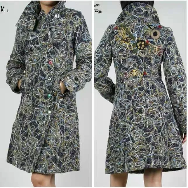 

Foreign trade original single Spanish women's coat embroidery printed color buckle long woolen coat