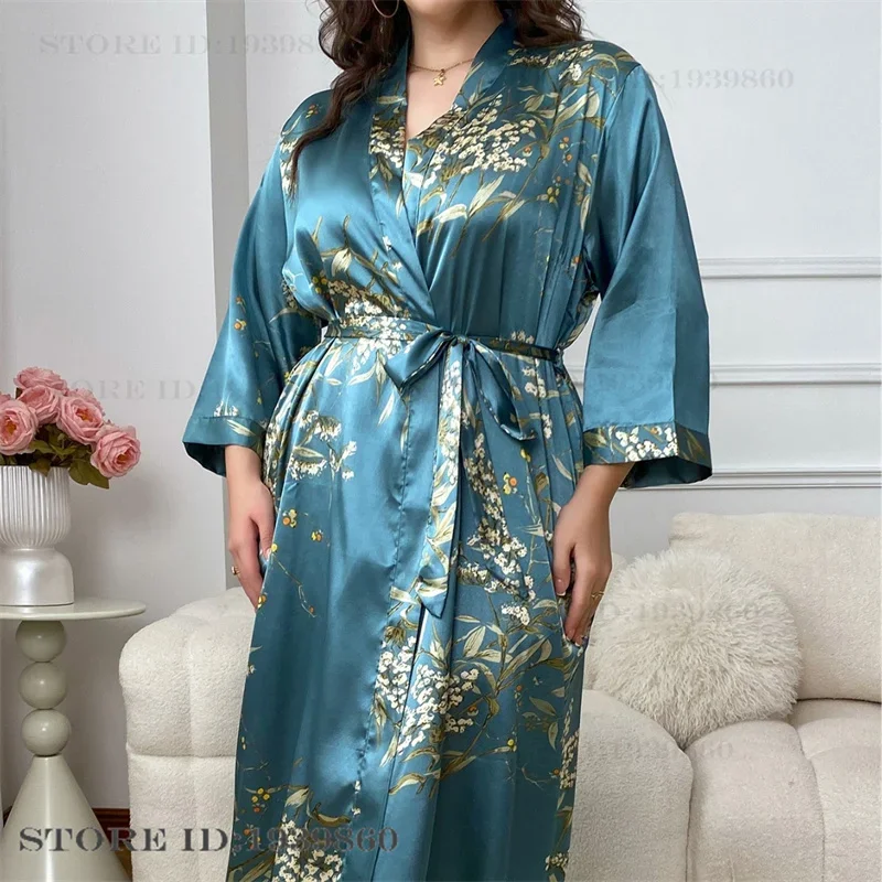 Women Sleepwear Plus Size 3XL 4XL 5XL Long Robe Nightgown Print Cherry Kimono Bathrobe Gown Spring Summer Satin HomeWear women sleepwear,silk robe,sleepwear pajamas,cotton bathrobe