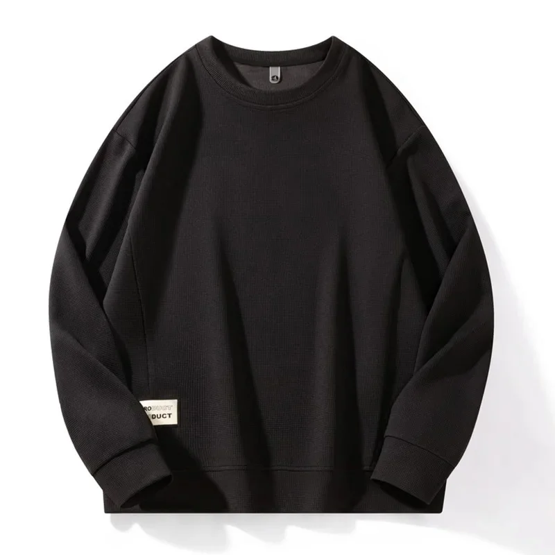 thumbnail image 1 of Sudaderas de cuello redondo para hombre, ropa de primavera, estampado de gofres, camisas de manga larga, ropa de calle, sudaderas con capucha de color liso sin capucha, 1 of 5