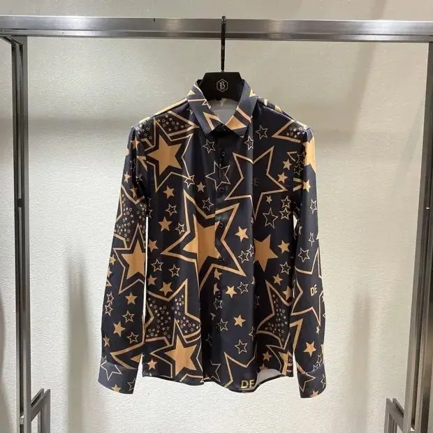 Men's long sleeve shirt spring and autumn Korean fashion slim handsome flower shirt tide brand fashion personalized printed top