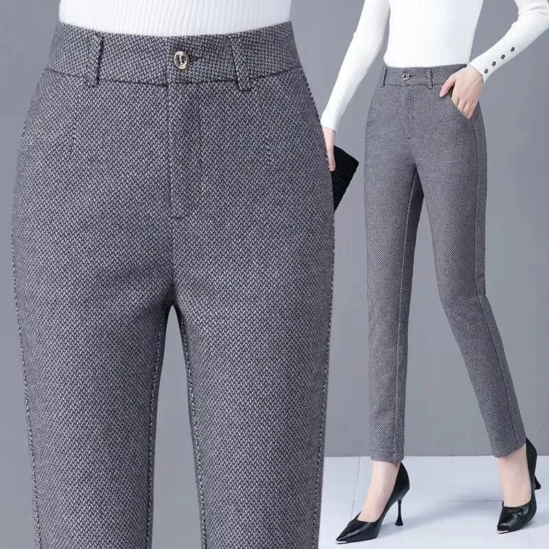 

Autumn Winter New Woolen Pants Women's Pocket Button High Waist Slim Fit Suit Trousers Elastic Thickened Solid Harlan Pants