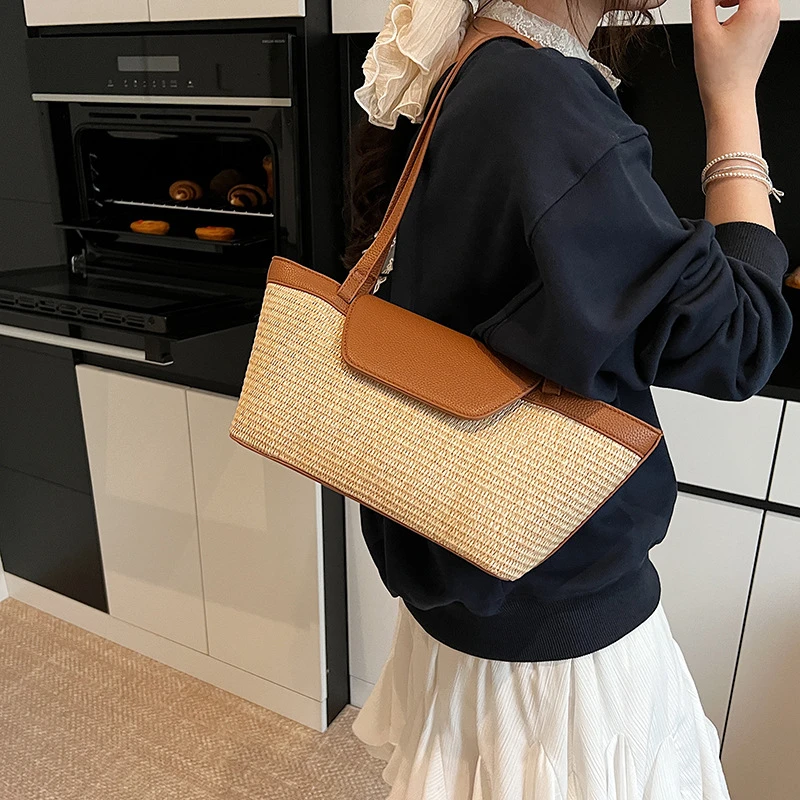Fashion Women Shoulder Bag PU Woven Patchwork Stick Bag Large Capacity Tote Bag New Casual Woven Contrasting Color Handbag
