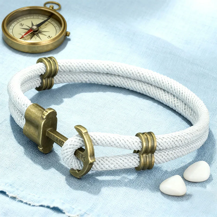 Bracciale con ancoraggio nautico per uomo Bracciale con corda in nylon a doppia filettatura Chiusura con gancio facile in metallo vintage Gioielli da surf a vela - immagine 5