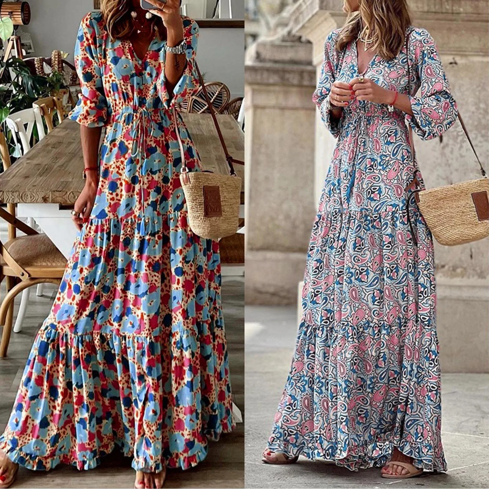 

Bohemian Dress For Women Fashion V Neck Pocket Dress Tunic Ruffle Swing Long Sleeve Casual Dress High Waist Ladies Oversized