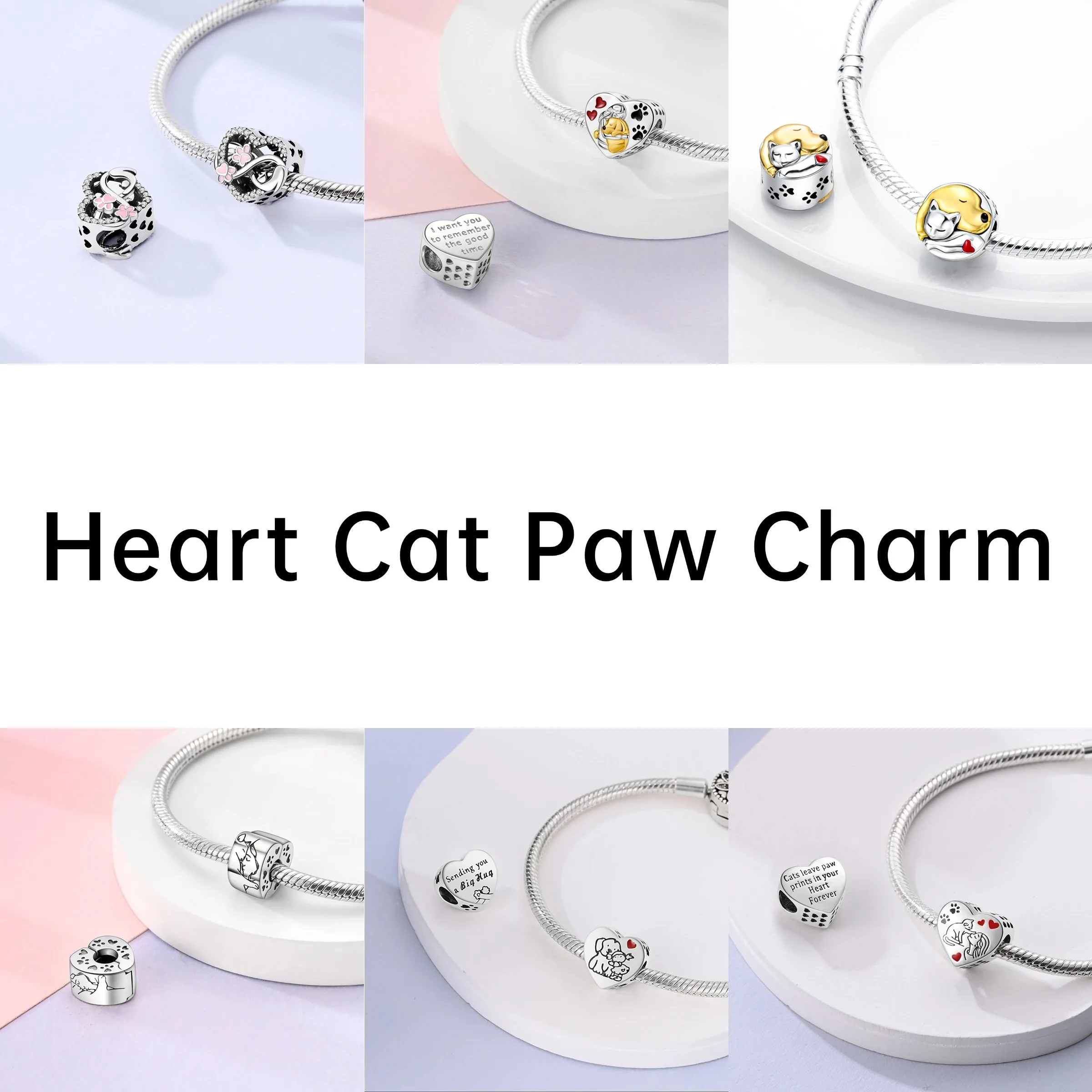 Pink Cat Paw Charms 925 Original Silver Blue Zircon Animal Black Cat Lovely Dog Charm DIY Fit Bracelet For Women Jewelry Gift 5