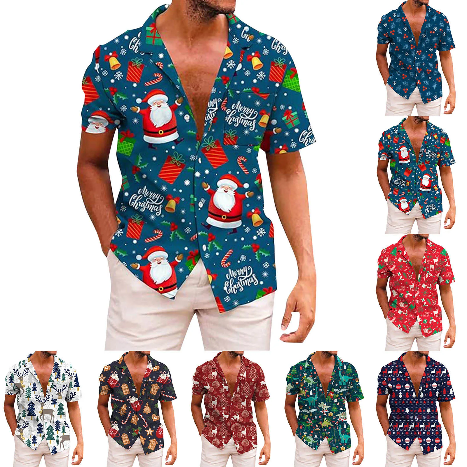 

Men's 3D Digital Printed Christmas Short Sleeved Lapel Pocket Shirt European American Style Loose Oversized Casual Shirt