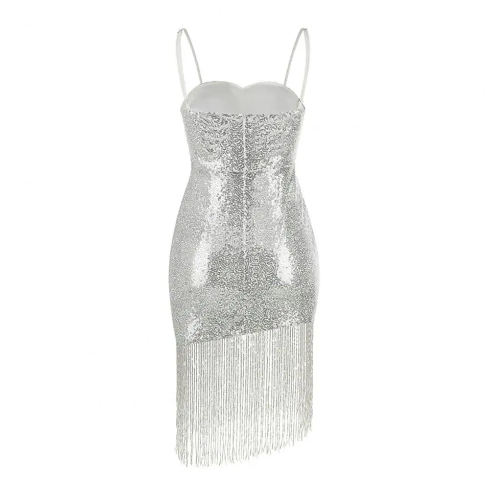 

Dress Elegant Sequin Evening Dress with Low-cut Spaghetti Straps Backless Design Slim Fit Party Gown with High Waist for Women