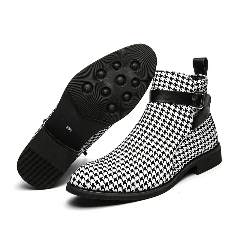 Ankle Boots for Men Business Plaid Buckle Strap Pu Leather Cowboy Boots Chelsea Men
