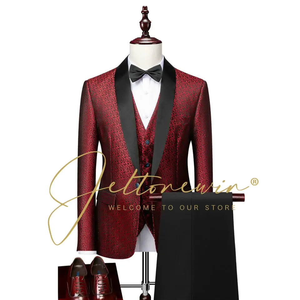 

Classic Jacquard Suits For Men Slim Fit Wedding Groom Tuxedo Business Blazer 3 Piece Set Jacket Vest Pants Terno Masculino