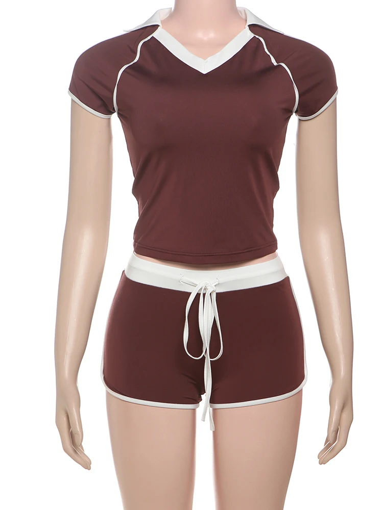 Nibber Women 2 Piece Set Tracksuit Stretch Sporty Polo Neck Crop Tops+Wide Waist Shorts Matching Slim Casual Streetwear Outfits