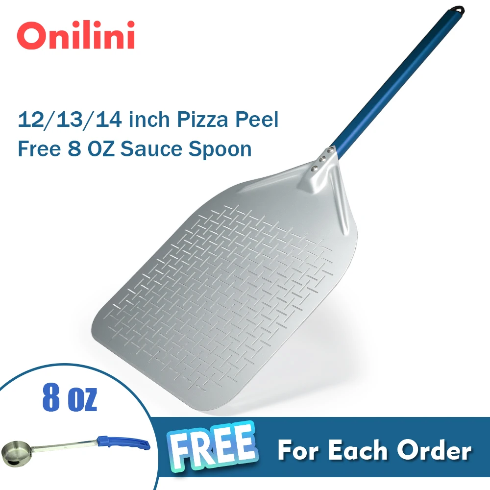 Onilini 12/13/14/ inch Anodized Pizza Peel Perforated Retangular Pizza Paddle with Sauce Spoon Blue Handle Accessories