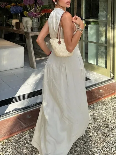 MUJER Zipper Long Dress Woman Pleated Sleeveless Bodycon Dress Summer Elegant Party Dresses For Women 2025 New Midi Dresses 2