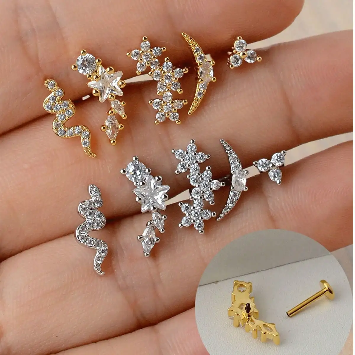 1PC 316 Stainless Steel Earrings Trend Snake Flower Moon CZ Flat Rook Lobe Cartilage Snug Helix Conch Tragus Labret Piercing 18G