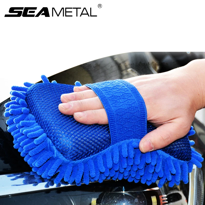 SEAMETAL Blue Microfiber Chenille Car Wash Sponge Care Washing Brush Pad Cleaning Tool Auto Washing Towel Gloves Car Wash Care 3
