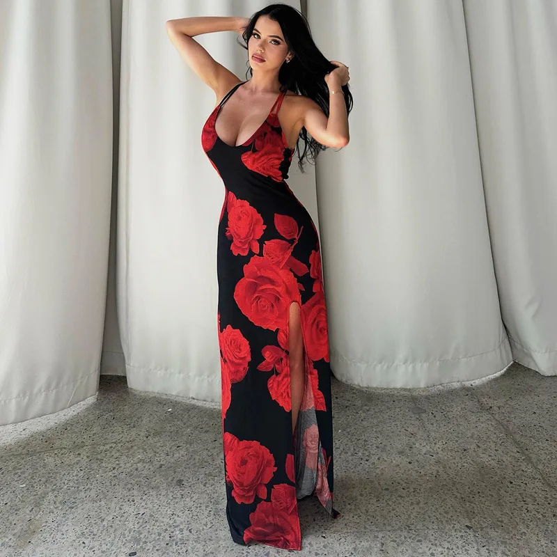 

2024 Summer Women's Sexy Slit Suspender Long Dress Fashion Printed Dress Elegant Sexy Party Dress Club Outfit