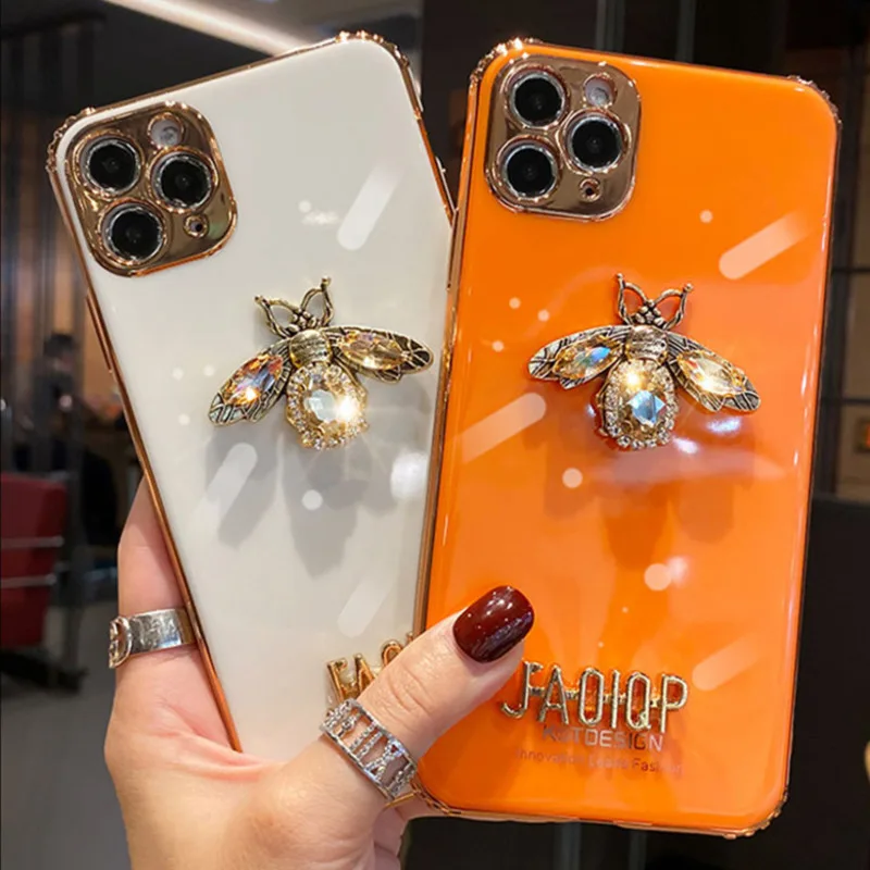 Luxury Glitter Rhinestone Bee Phone Case For iPhone 11 12 13 14 15 16 ProMax Plating Silicone Bling For iphone16plus soft Cover