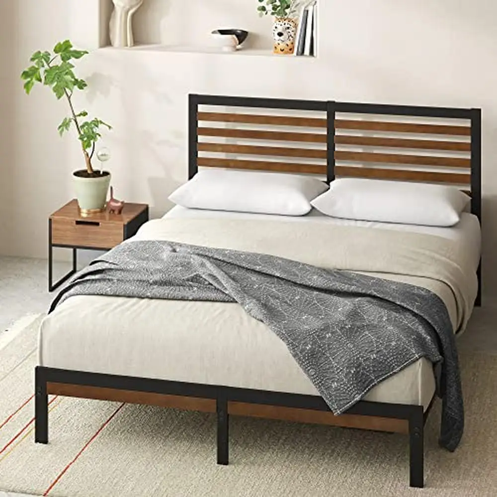 Bamboo Metal Platform Bed Frame Headboard Full Size Durable Eco-Friendly Easy Assembly Supports 700 lbs No Box Spring Needed