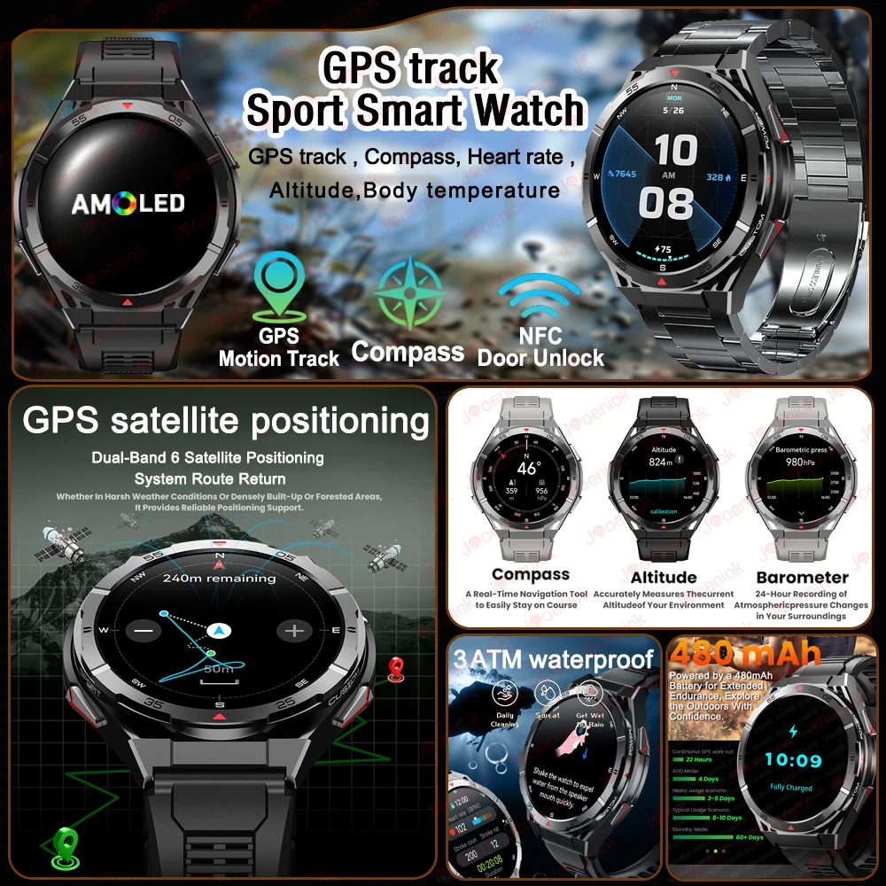 2025 New Dual-Band satellite GPS Sports Smart watch Men 1.43'' HD Screen Heart Rate Compass 10ATM Waterproof Swimming Smartwatch