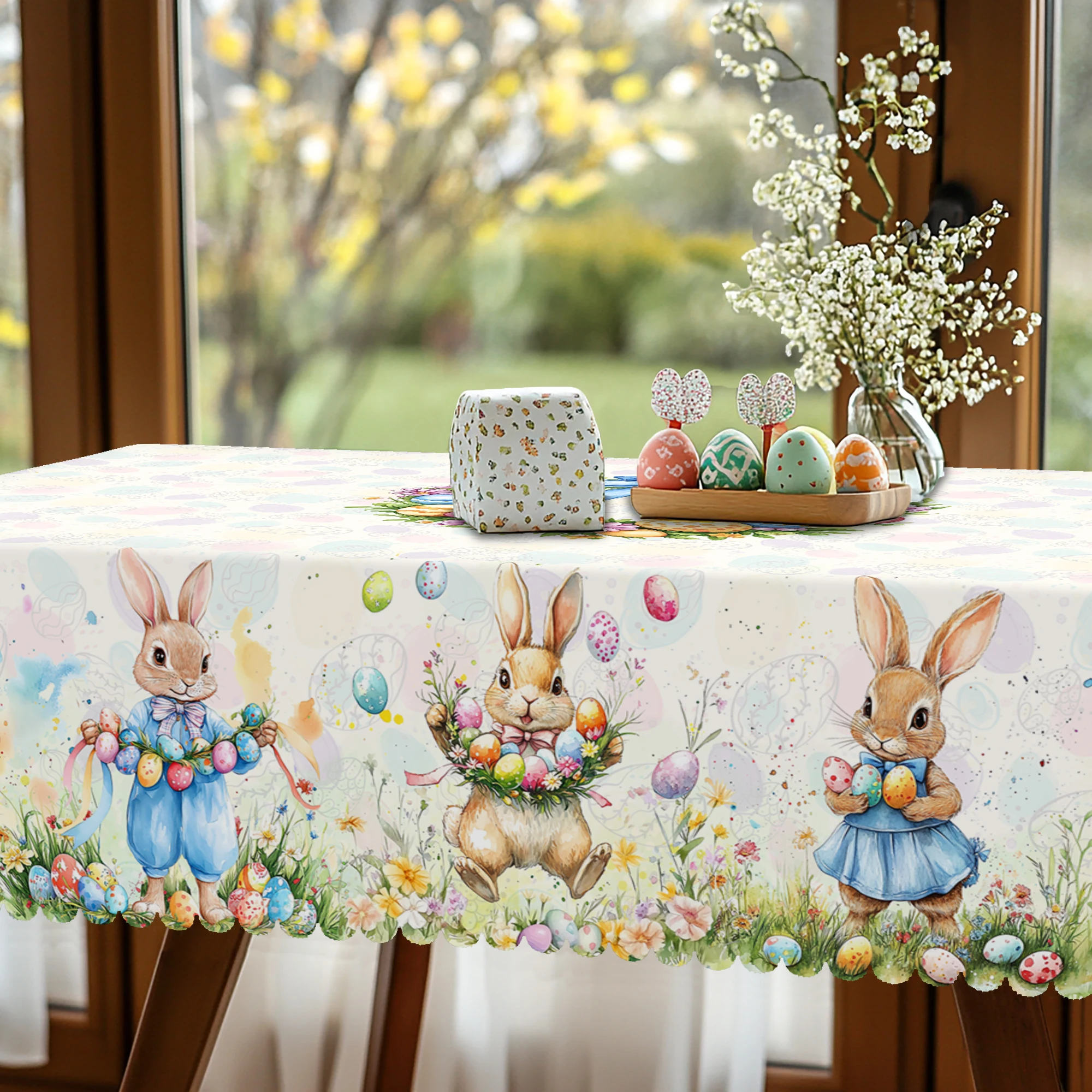 1 Piece Easter Egg Rabbit Round Tablecloth, 5 Sizes Available, Easter Egg Print Square Decorative Tablecloth, Edge Embossing Craft, Easter Spring Garden Tablecloth Decoration, Tablecloth for Daily Home Kitchen, Terrace Use, Easter Decoration 4