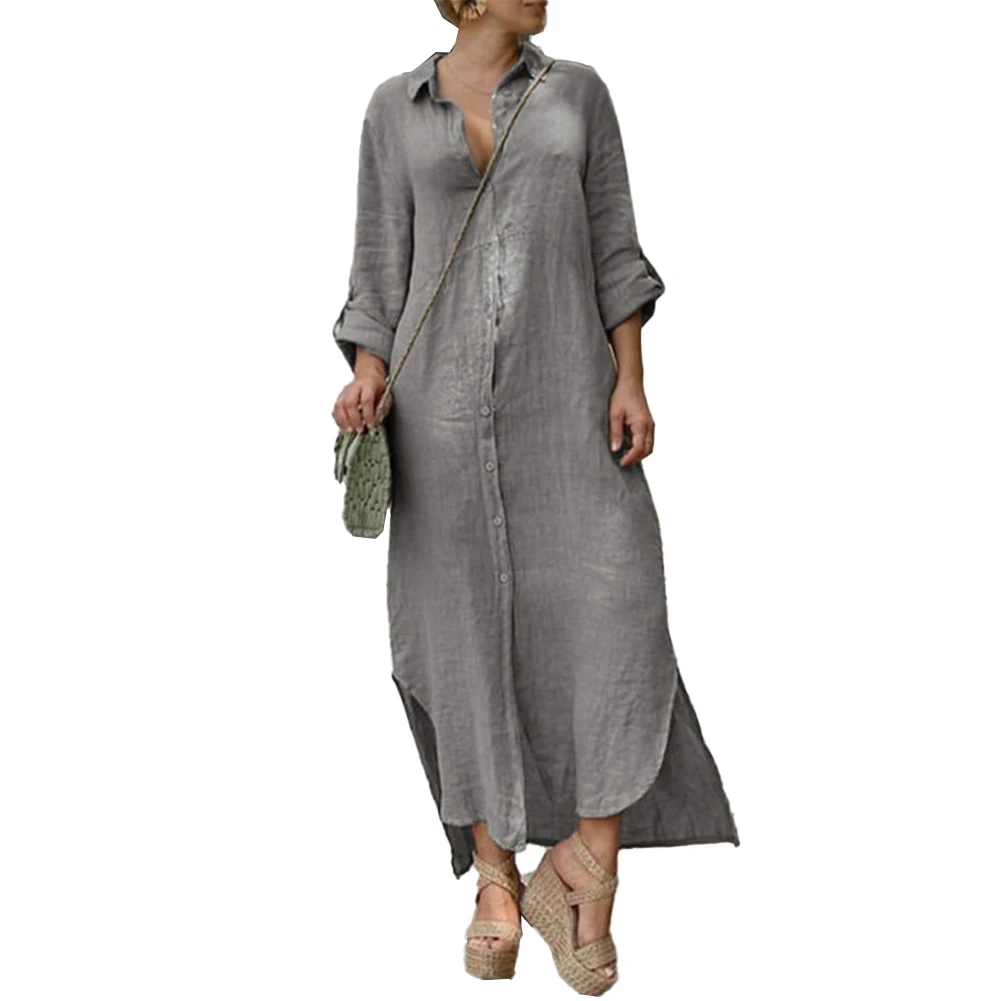 

Womens Dress Womens Kaftan Long Sleeve Loose Maxi Dress No Elastic Regular Solid Color V Neck Casual Cotton Fashion