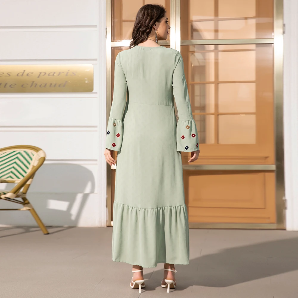 Sweet V-neck Color contrast Solid color Embroidery Buttons Flared sleeve Kaftan