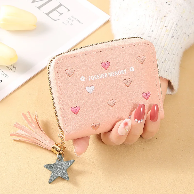 Borsa per carte in pelle PU Mini portafoglio da donna Fermasoldi Love Ricamo Portafoglio multifunzionale Borse portaoggetti per certificati corti da donna - immagine 5