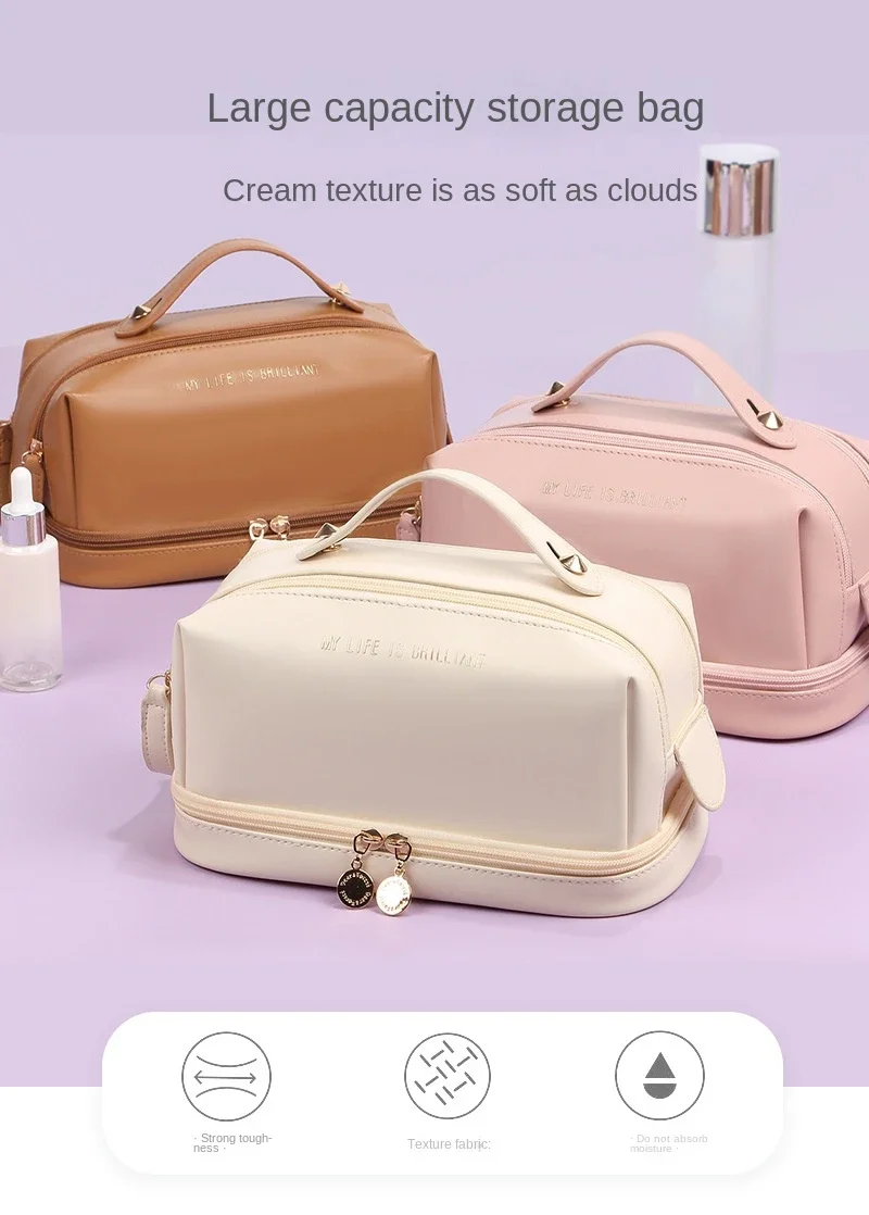 Cosmetic Bags for Women Elegant PU Leather Make Up Pouch Travel Toiletries Organizer Storage Hangbag Korean Carry-on Makeup Tote