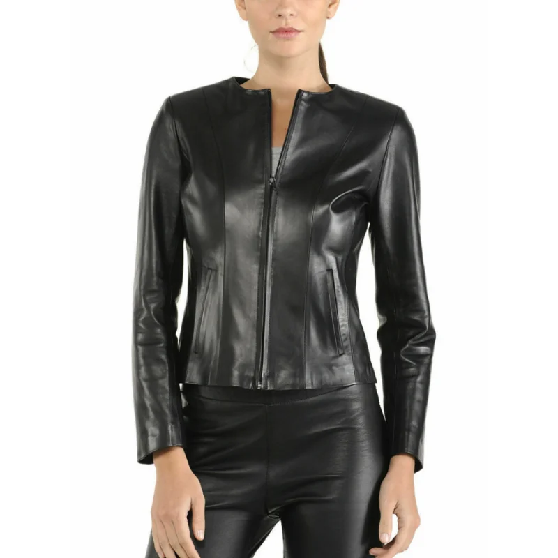 Women Genuine Leather Top Coat Sheepskin Stylish Classic Slim Fit Collarless Zippered Leather Jacket