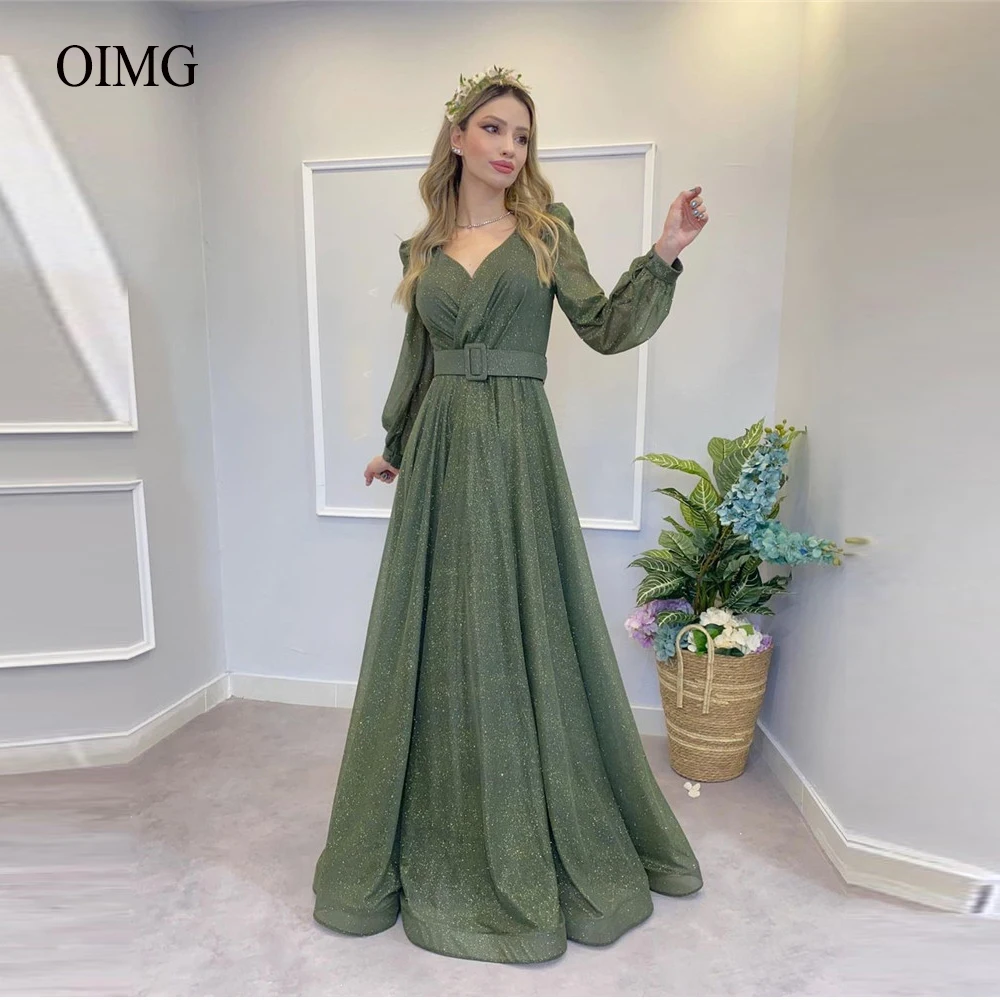 

Glitter Dark Green Evening Dresses 2022 Long Sleeves Sweetheart Belt A Line Formal Prom Gowns Modest Robe De Soiree