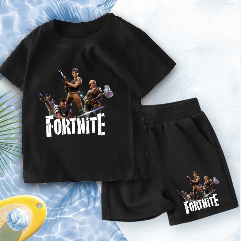 FORTNITED Anime Boy Summer T-shirt Set Kid Cotton Clothes 2pcs