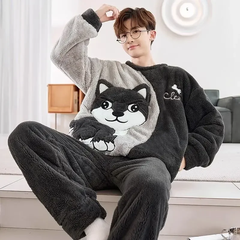 Pajamas Men Coral Velvet Sleepwear Sets Autumn Winter Nightgown Male Plush Thick Household Aparel Youth Flannel Home Wear Suit