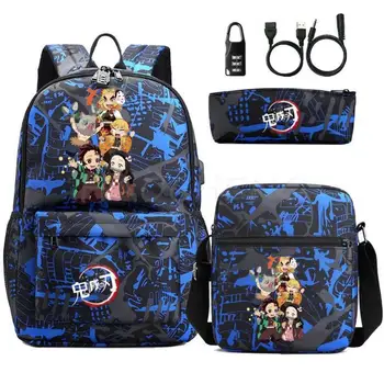 Hot Kamado Nezuko Demon Slayer Bookbag Kids Usb Anti-theft Lock Backpack Boys Girls School bags Daily Backpacks Mochilas Set 1