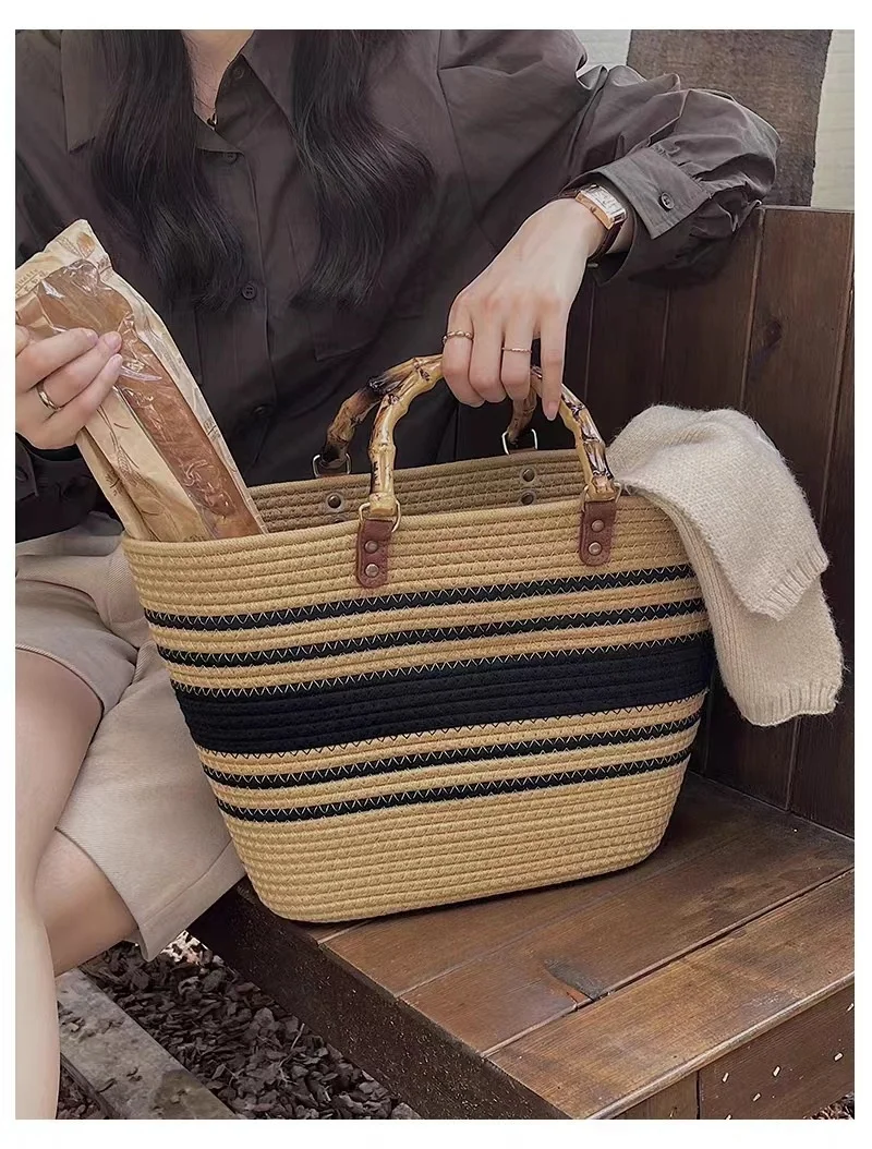 New Imitation Bamboo Knot Handbag Cotton Thread Tote Woven Women's Bag Mommy Large Capacity Straw Woven Bag Handle Bag