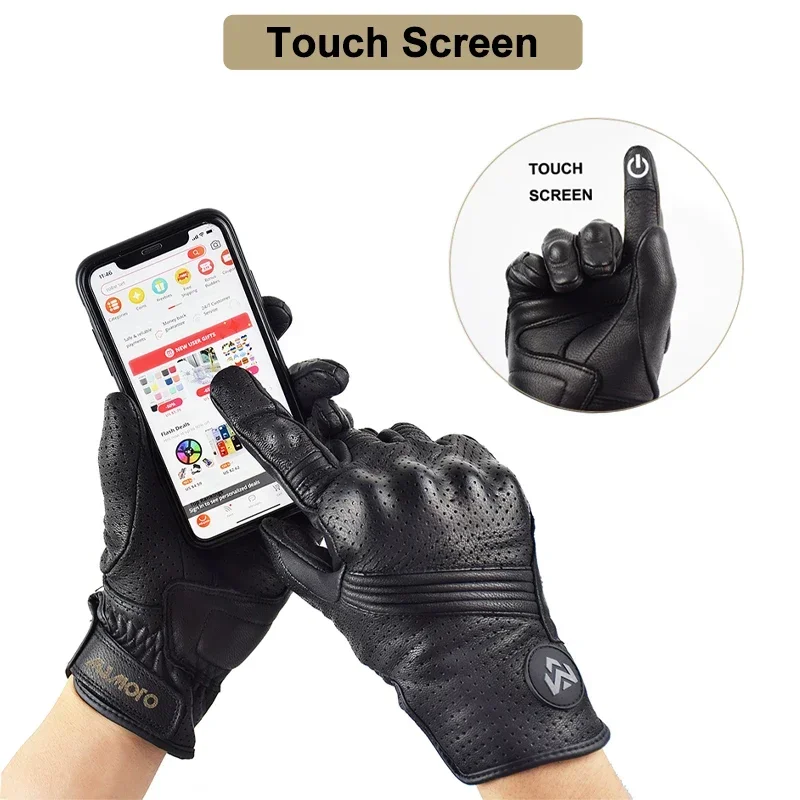 Retro Leather Black Motorcycle Gloves Men Summer Perforated Breathable Motocross Gloves Touch Screen Moto Racing Equipment Glove 6