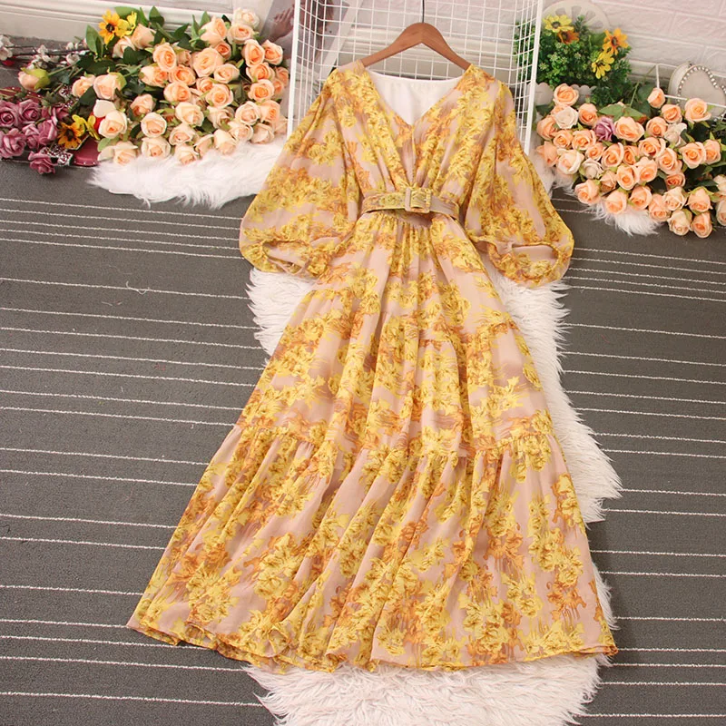 

Floral Chiffon Dress 2023 Summer New V-neck Lantern Sleeves Lace-up Large Swing Basics Printed Midi Dresses Women
